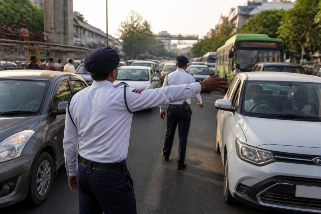 Delhi traffic advisory near MG Road showing diverted vehicles and traffic police managing congestion
