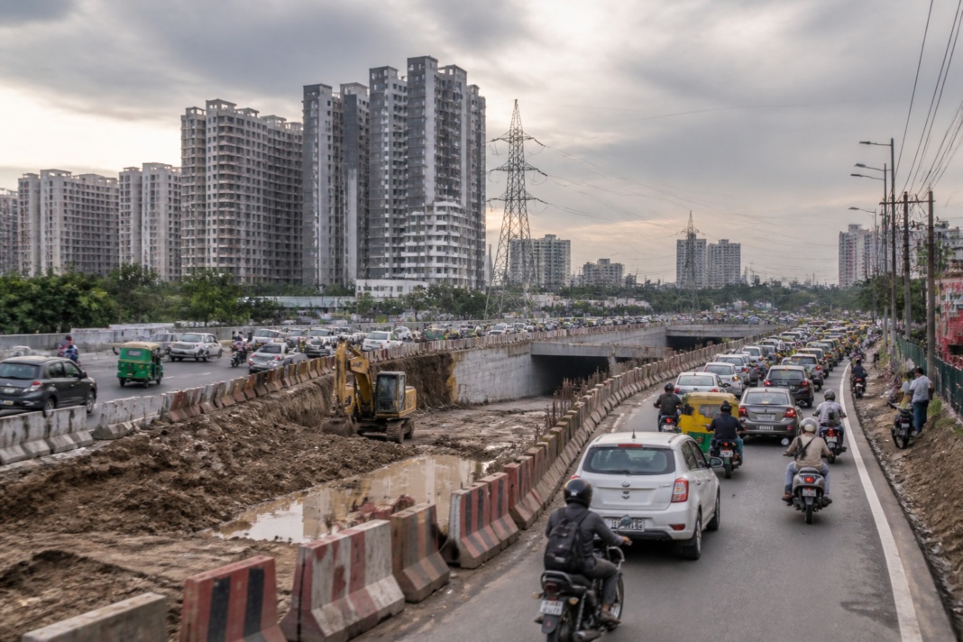 Greater Noida West traffic relief project showing a road U-turn and underpass construction near Gaur Chowk