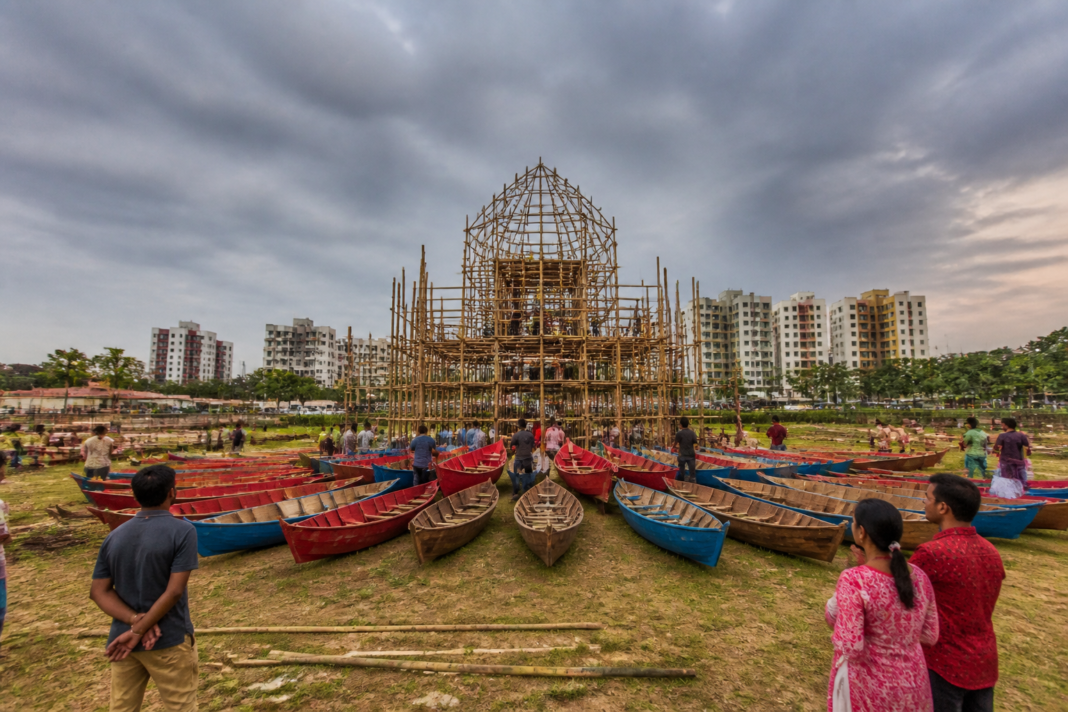 New Town Durga Puja pandal construction at City Square in Kolkata