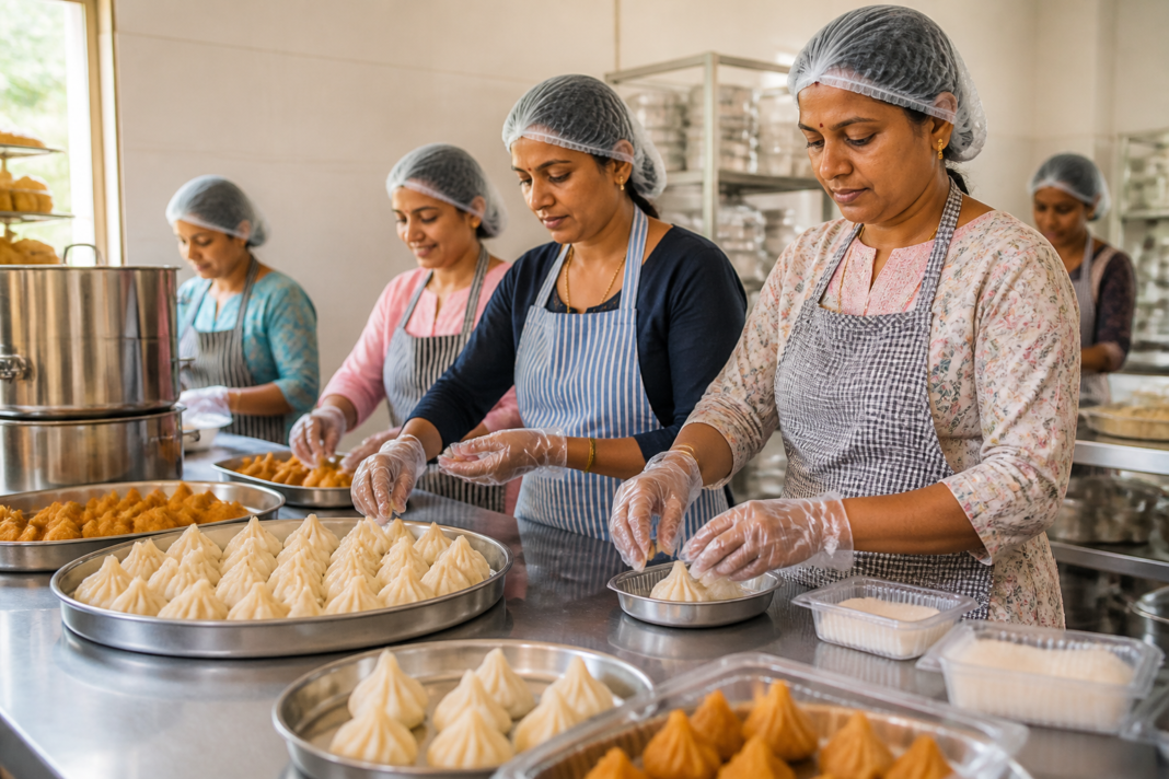 Mumbai Modak Mahotsav workers preparing steamed and fried modaks under food-safety guidance