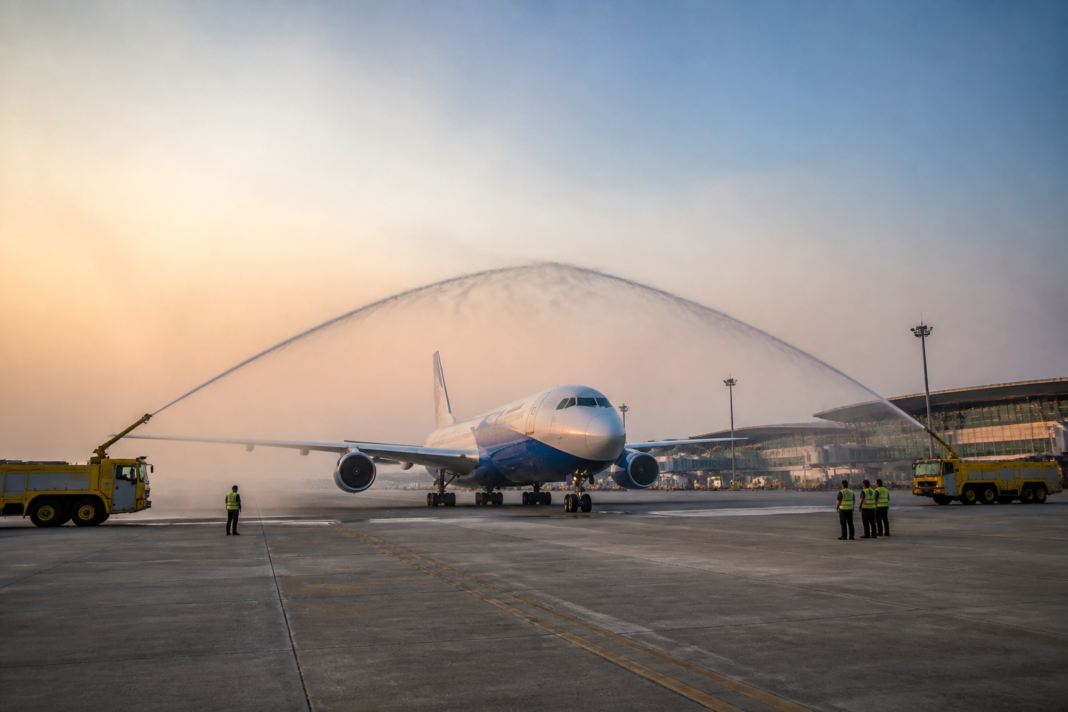 Navi Mumbai airport cargo terminal welcoming a Boeing 777F freighter
