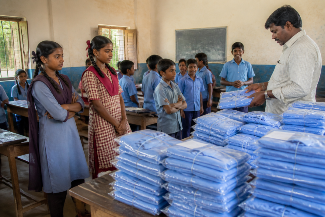 Telangana school uniforms awaiting distribution to government school students