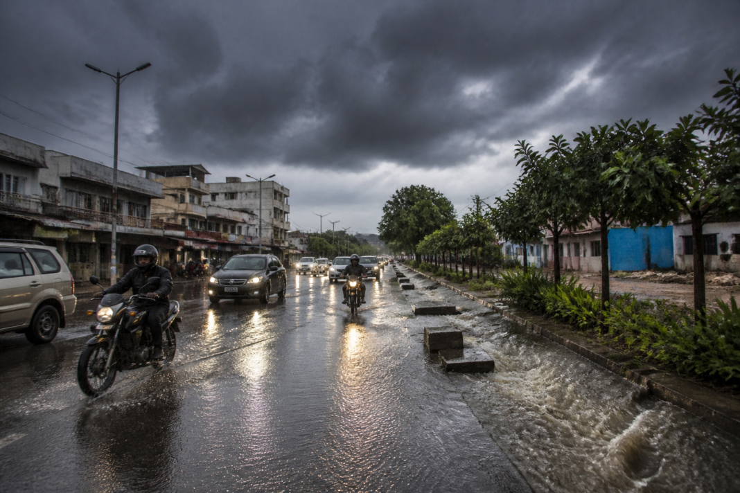 Telangana rain forecast showing dark monsoon clouds over a wet urban road