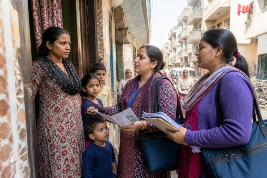 Delhi ASHA workers conducting community health outreach in an urban neighbourhood
