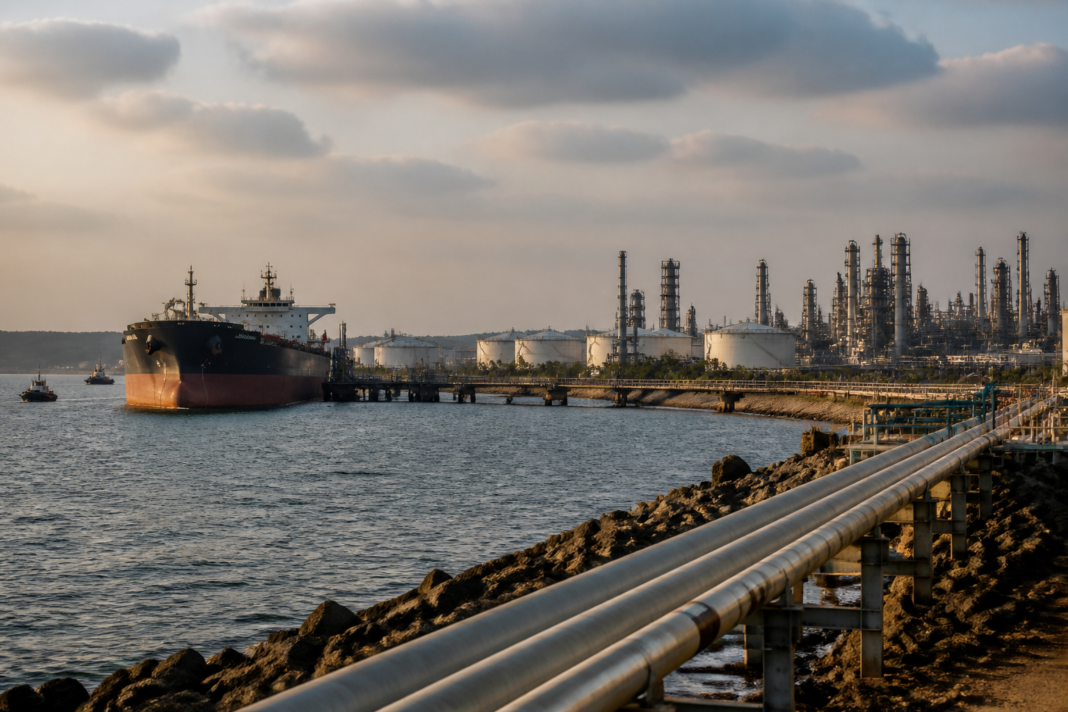 India crude oil imports under pressure as an oil tanker approaches a refinery