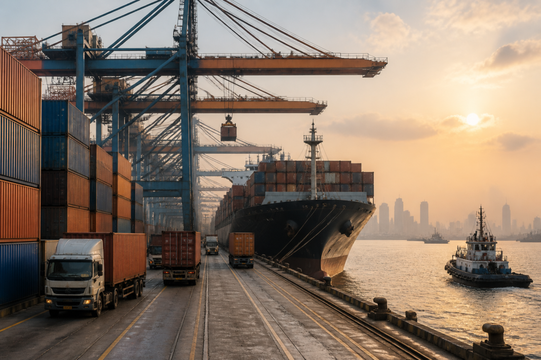 India trade strategy represented by a container port and cargo logistics network