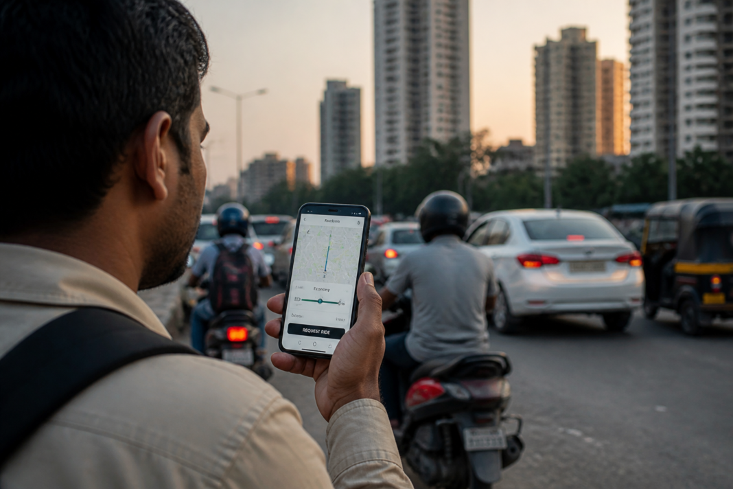 Rapido ride booking app interface on a smartphone beside a city traffic scene