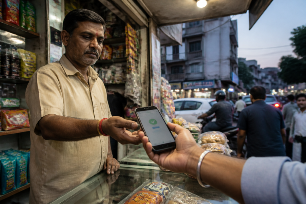 UPI MDR debate shown through a merchant accepting a digital payment at an Indian shop