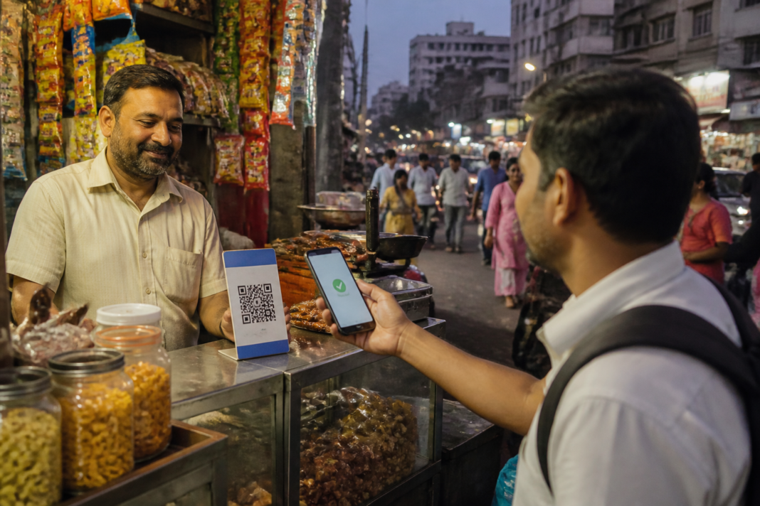 UPI MDR policy shown through a QR payment at an Indian urban market