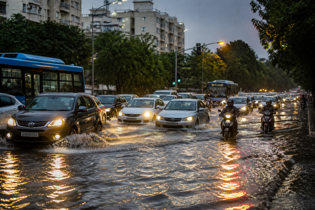 Bengaluru rains leave a city road waterlogged during evening traffic.