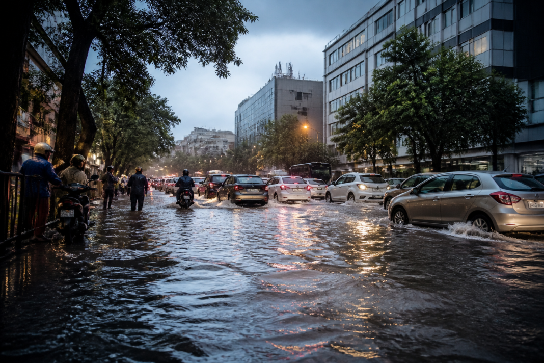 Bengaluru rains leave a city road waterlogged during evening traffic.