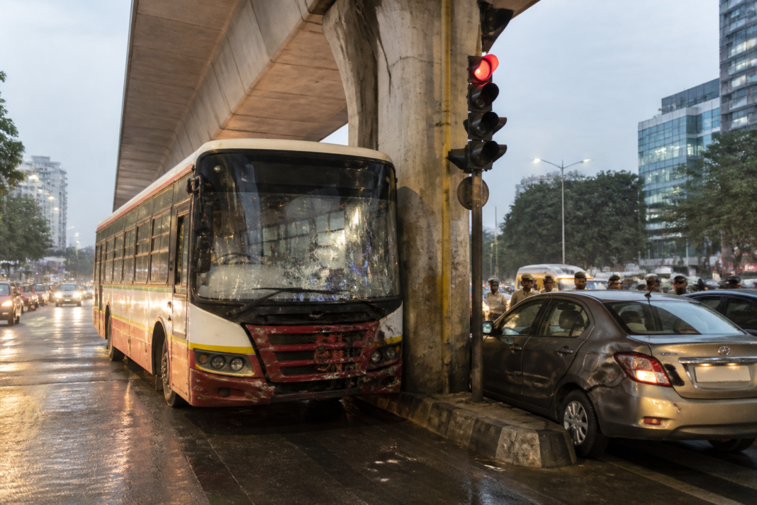 Damaged BEST bus near a metro pillar after the Goregaon BEST bus accident