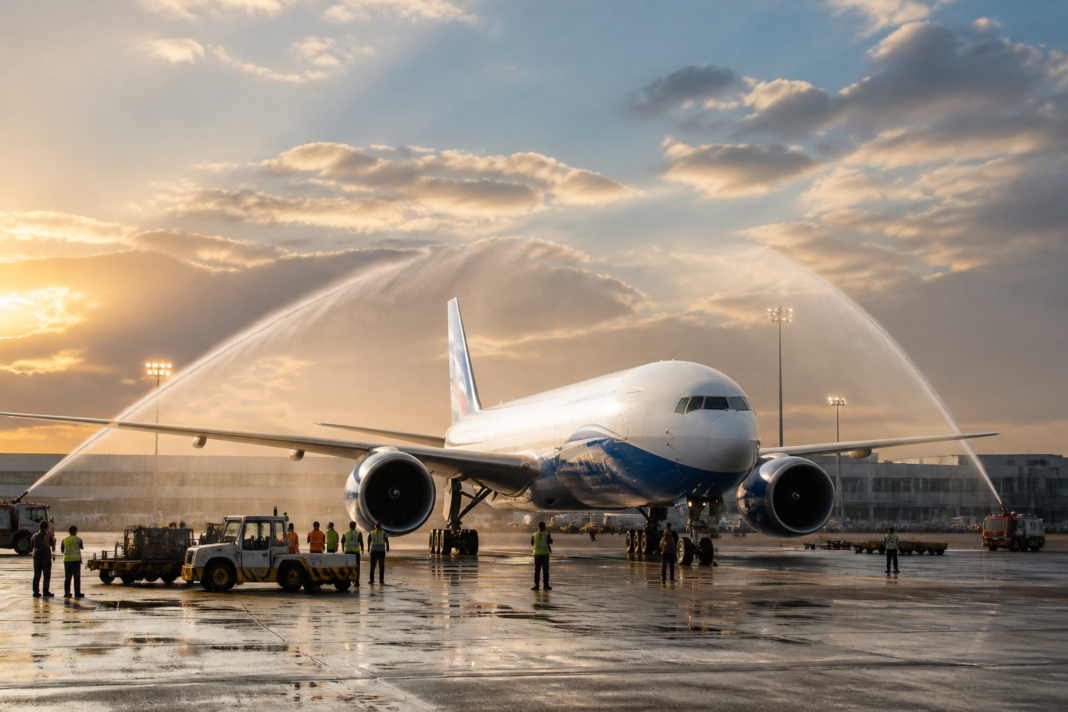 Navi Mumbai airport cargo Boeing 777F freighter arriving from Baku