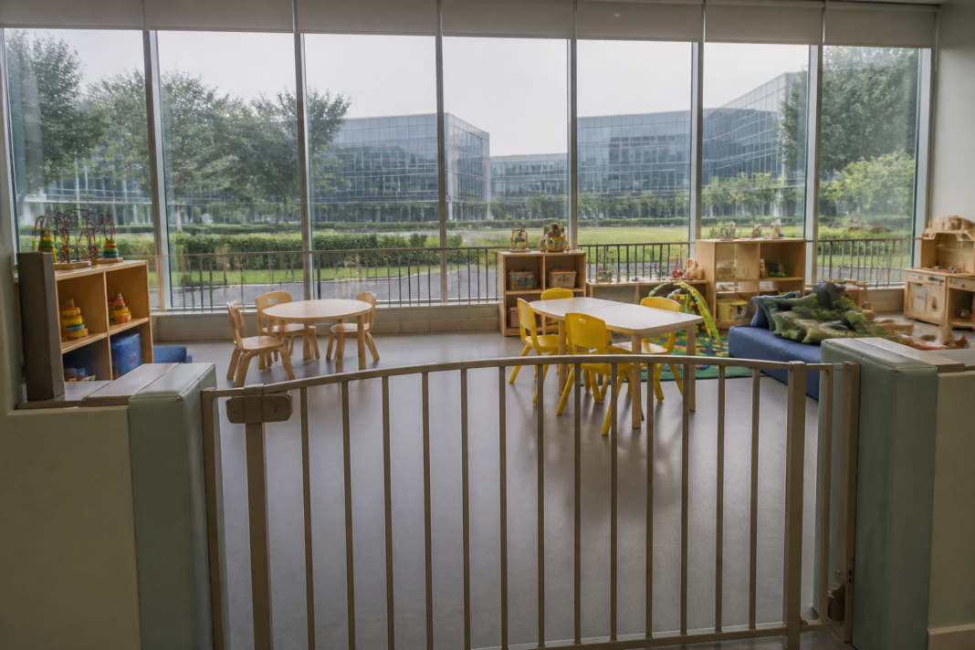 Bengaluru day-care abuse case linked to a corporate childcare facility, shown through an empty child-care room.