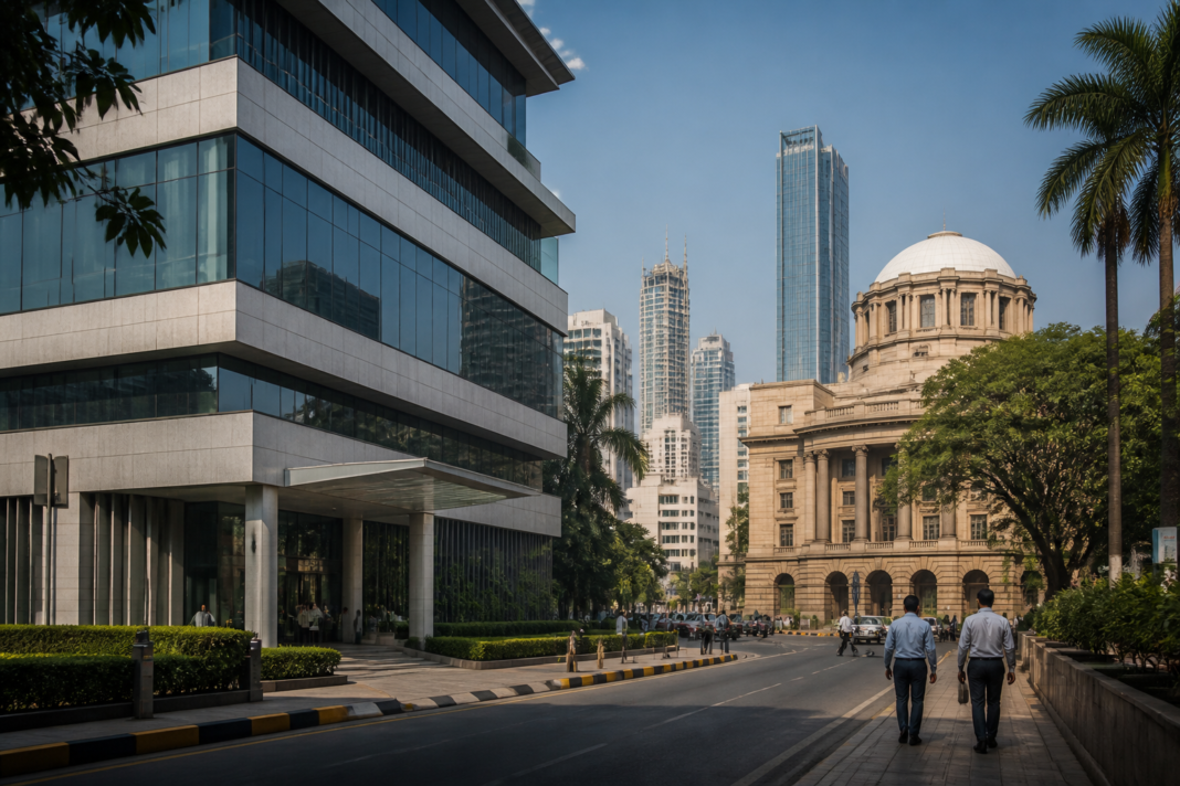 Tata Sons RBI decision represented by a corporate headquarters and Reserve Bank of India building