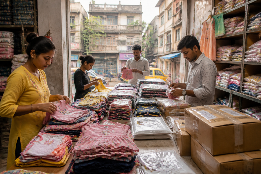 Kolkata kidswear sellers preparing garments for online orders in a busy apparel workspace