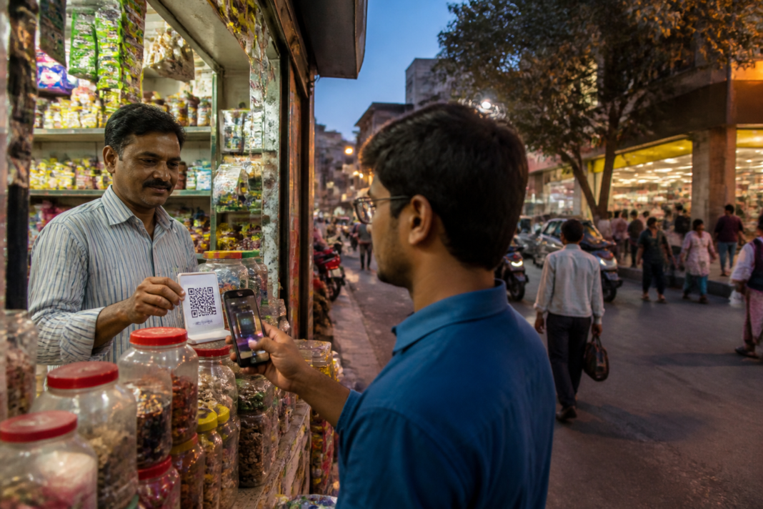 UPI MDR rules shown through a merchant QR payment at an Indian neighbourhood shop