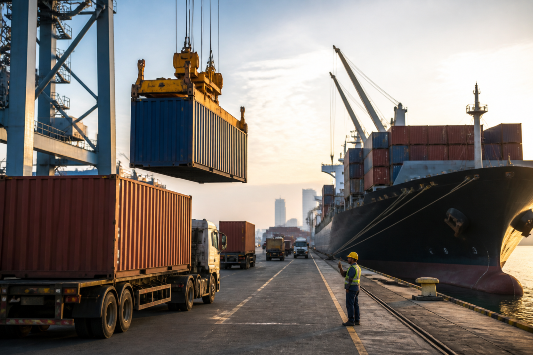 India exports August 2026 represented by containers and freight moving through an Indian port.