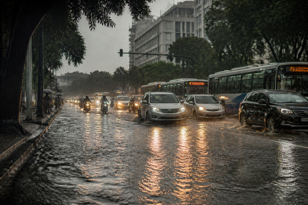 Bengaluru rains leave a city road waterlogged as evening traffic moves slowly.