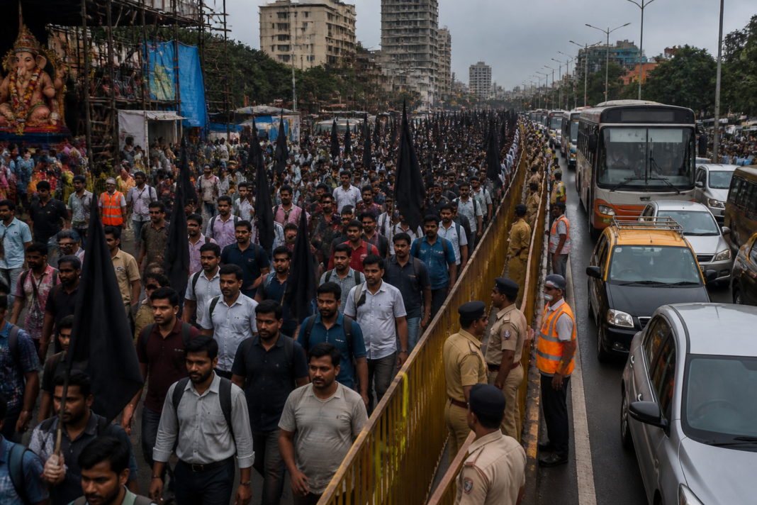 Maratha protest in Mumbai during Ganeshotsav, with police managing a crowded urban road.