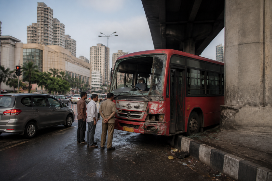 Damaged BEST contract bus near a metro pillar after a Goregaon bus accident