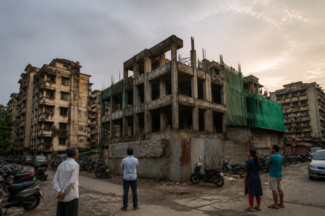 Vasai Virar redevelopment project with stalled construction and residential buildings under review