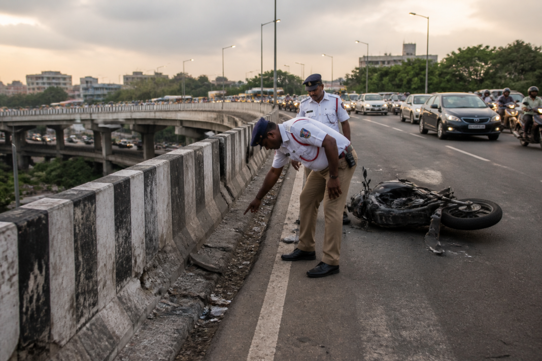 Kathipara flyover crash site in Guindy, Chennai, after a motorcycle hit the parapet