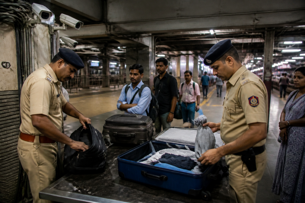 Mumbai railway police personnel conducting a baggage check at a suburban station