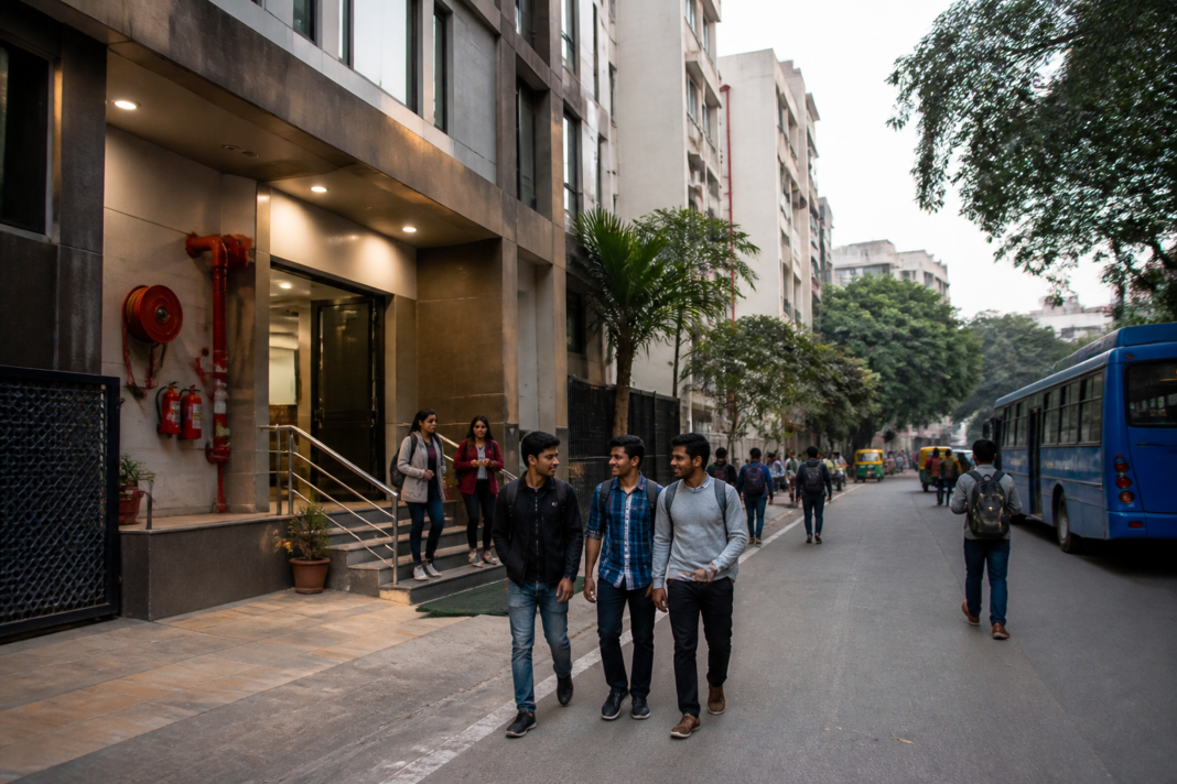 Delhi student housing and PG accommodation buildings near a university campus
