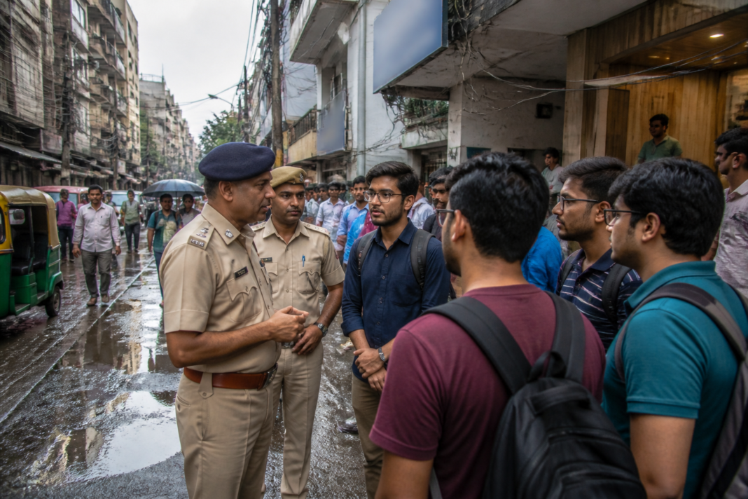 Delhi PG student safety outreach with police speaking to students near a coaching hub
