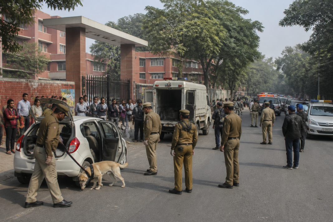 Delhi Police security teams conduct a search outside a school after bomb threats.