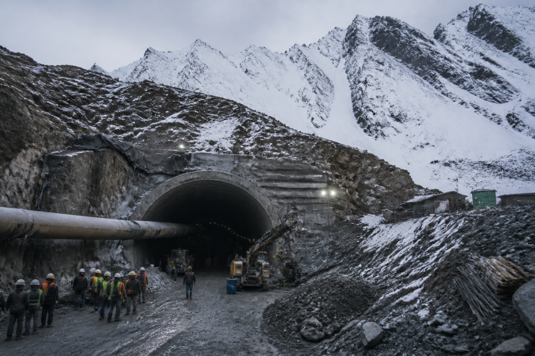 Zojila Tunnel construction in the high-altitude Himalayas near Ladakh