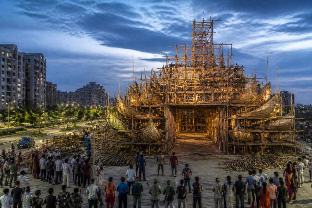 New Town Durga Puja pandal construction at City Square in Kolkata