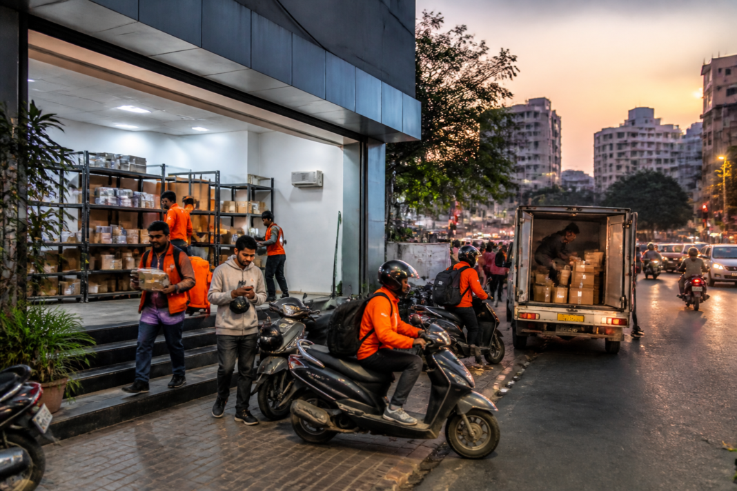Amazon quick commerce delivery network with an urban fulfilment centre and delivery riders in an Indian city