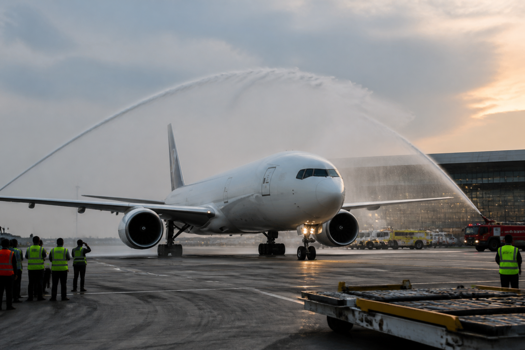 Navi Mumbai airport cargo operations welcoming a Boeing 777F freighter from Baku