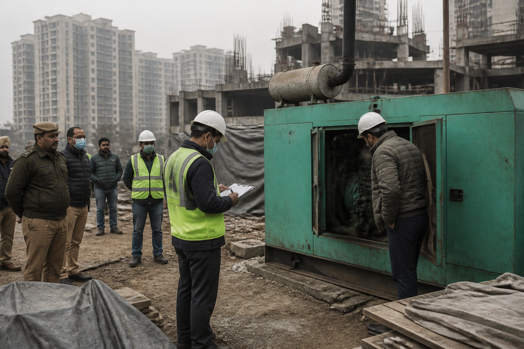Delhi-NCR pollution enforcement inspection at a construction site with a diesel generator