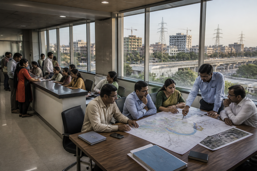 Gujarat governance model represented by officials reviewing civic services and infrastructure plans