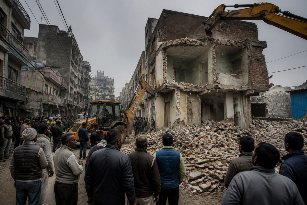 Delhi MCD demolition drive at an unsafe building in an urban neighbourhood