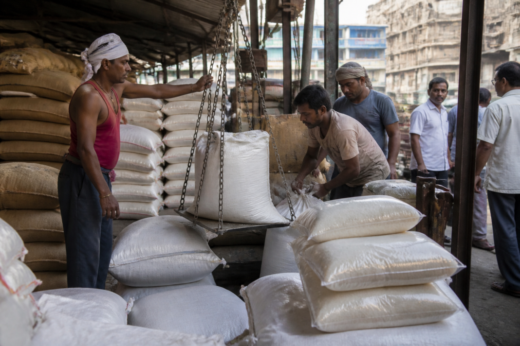 Sugar prices in Kolkata monitored at a wholesale market ahead of the festive season