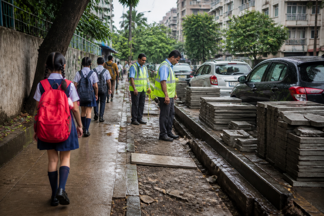 Salt Lake pavement encroachments blocking a footpath near a school in Kolkata