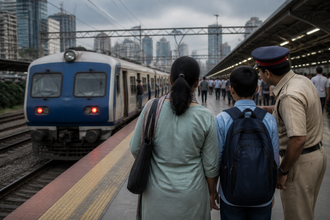 Mumbai local train at a suburban station after a fare dispute involving a minor passenger.