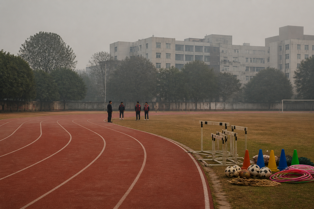Delhi NCR air pollution over a school sports ground with students and officials nearby