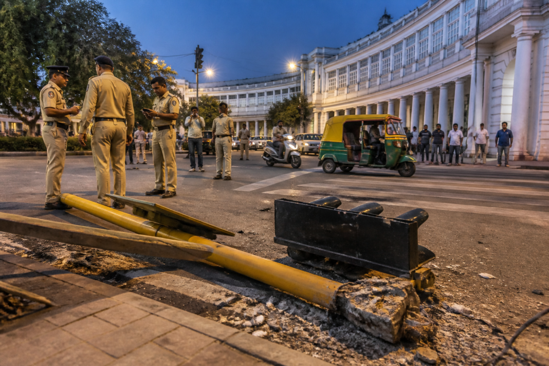 Traffic pole collapse site in Connaught Place, Delhi, after two people were injured.