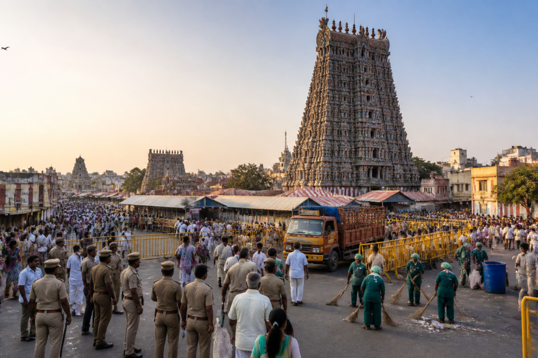 Madurai Meenakshi Temple kumbhabhishekam preparations with security and crowd-control arrangements