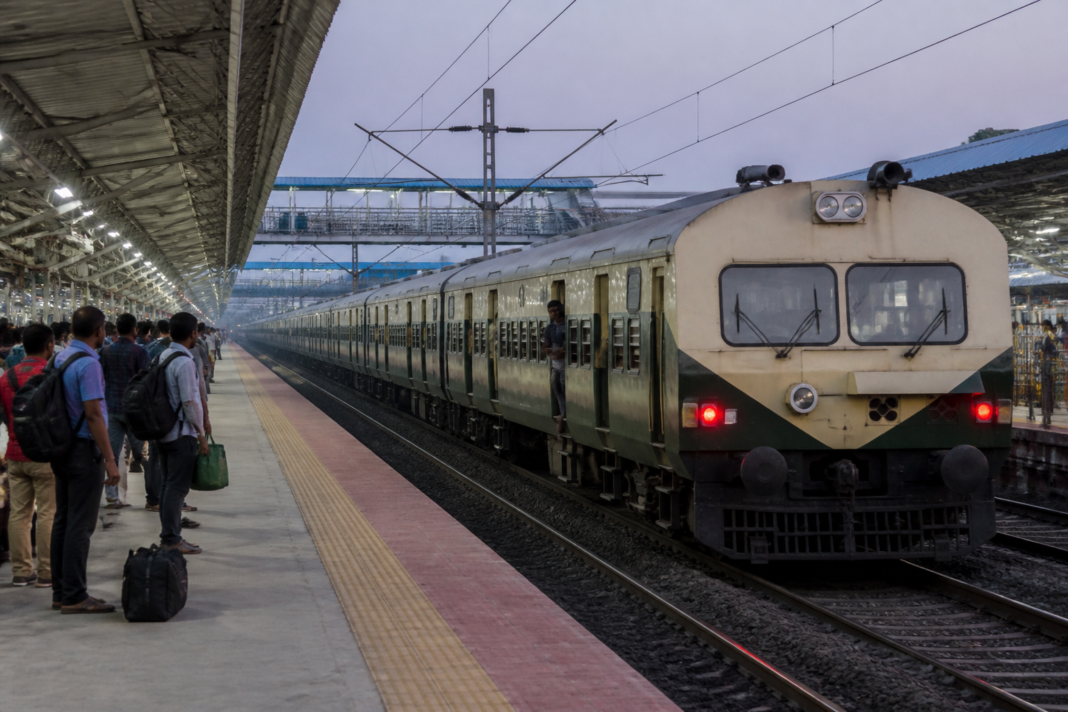 Tambaram Madurai special train represented by a passenger train at a Tamil Nadu railway station