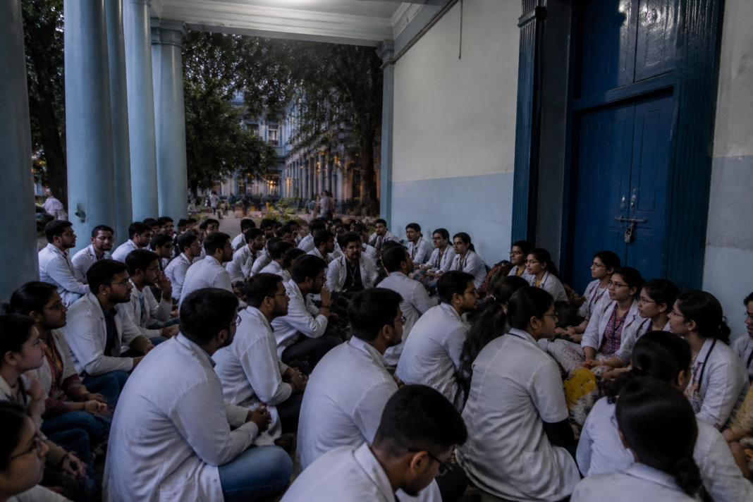 NRS Medical College student council election protest outside a college administration office in Kolkata