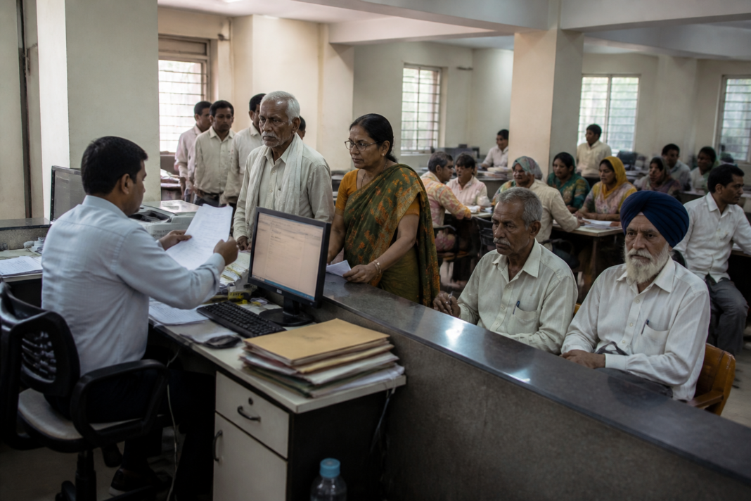 Delhi old age pension applications being processed at a government welfare office