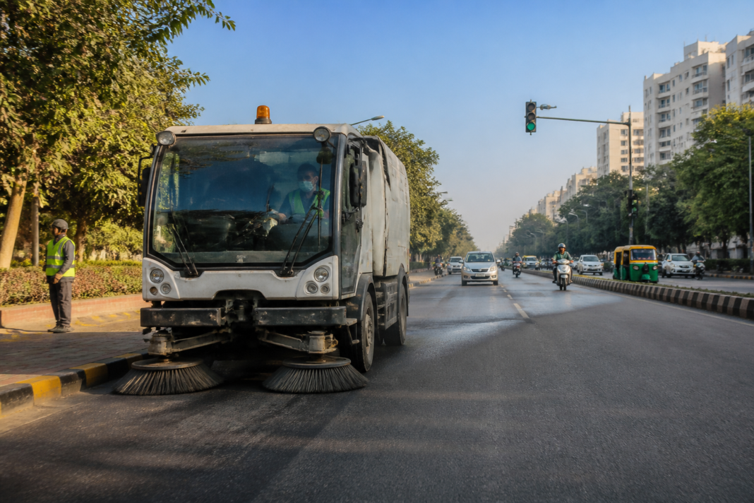 Delhi clean air days reflected in a clear city road after mechanised sweeping