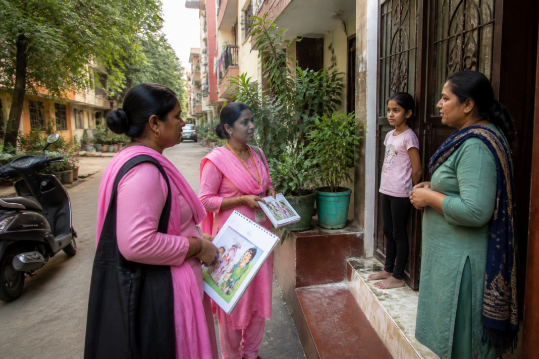 Delhi ASHA workers conducting a community health visit in a residential neighbourhood