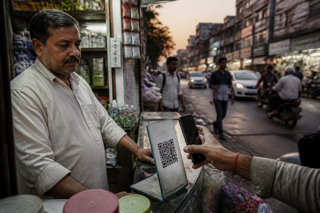 UPI MDR charge concept shown through a merchant QR payment at an Indian shop